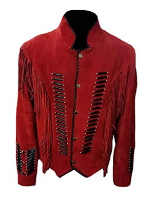 Brillient Cowboy Red Leather Jacket With Frings & Beads