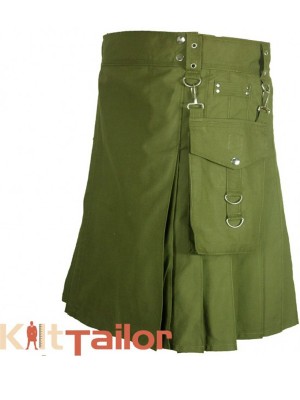 Olive Green Utility Kilt with Detachable Pockets Custom Made