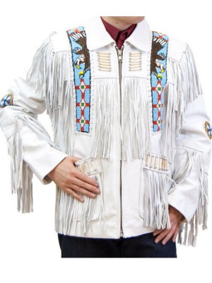 Western Wear White Cow Leather Fringes Jacket With Eagle Beads