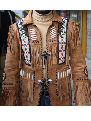 Men Brown Suede Western Style Cowboy Leather Jacket With Fringe & Bead Work