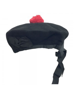 Stylish Beanie Glengarry Hat Plain Black with Red Pompom