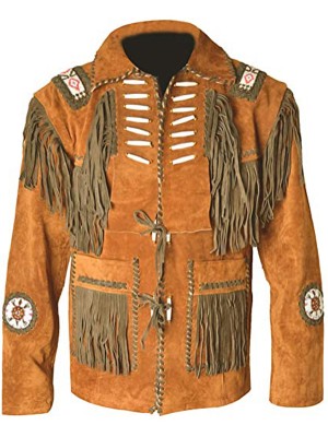 Western Leather Jacket With Frings and Beads For Men