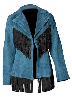 Women's Stylish Blue Leather Jacket With Black Frings